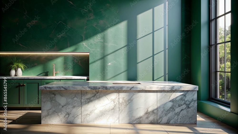 Minimalist Kitchen Island With Green Marble Wall And Sunlight Minimalist Kitchen Island With Green Marble Wall And Sunlight