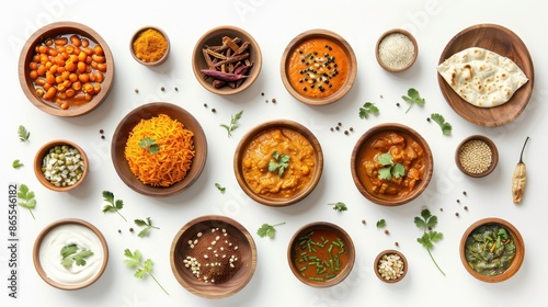 A variety of Indian food is displayed in bowls on a white background. The bowls are filled with different types of food, including rice, vegetables, and sauces. Scene is one of abundance and variety