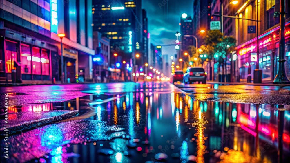 Night City Reflections - Cityscape with Rain and Neon Lights in a Puddle Night City Reflections - Cityscape with Rain and Neon Lights in a Puddle