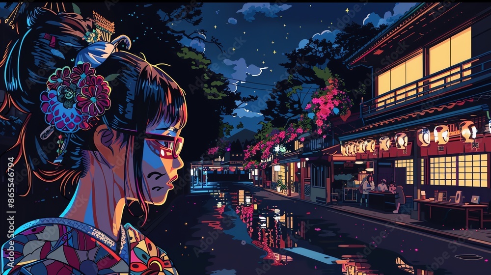 Naklejka premium A woman in a kimono stands in a Japanese street at night, looking at the glowing lanterns. The scene is peaceful and serene, with a sense of tranquility.