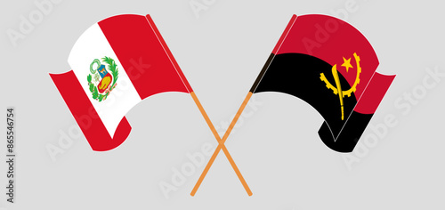 Crossed and waving flags of Peru and Angola