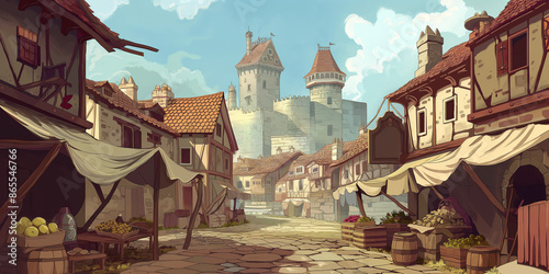 Medieval Town Landscape Illustration