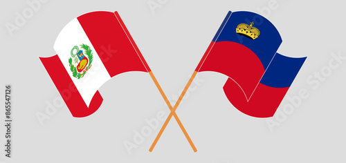 Crossed and waving flags of Peru and Liechtenstein