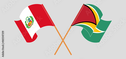 Crossed and waving flags of Peru and Guyana