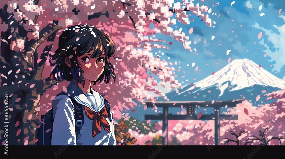 A young girl in a school uniform stands in front of a cherry blossom tree and Mt. Fuji. Pink petals fall around her in a serene scene. A young girl in a school uniform stands in front of a cherry blossom tree and Mt. Fuji. Pink petals fall around her in a serene scene.