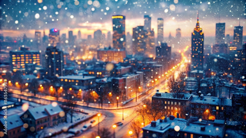 Fototapeta premium Snowy Cityscape with Golden Lights at Dusk