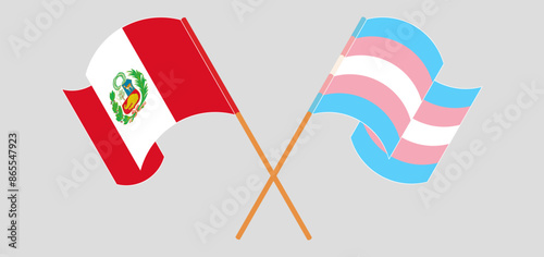 Crossed and waving flags of Peru and Transgender Pride