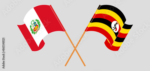 Crossed and waving flags of Peru and Uganda