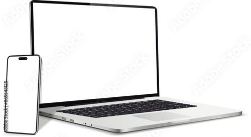 Realistic laptop computer screen with phone mockup. Laptop computer and smarphone with blank screen.