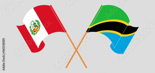 Crossed and waving flags of Peru and Tanzania