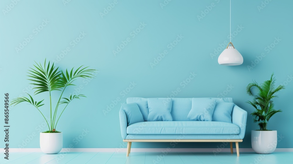 A modern living room in soothing blue hues, designed with a minimalist aesthetic and ample copy space for customization.