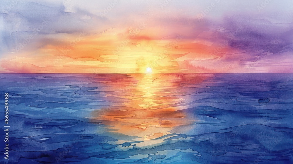 Vibrant watercolor painting of a serene ocean during sunset, showcasing warm hues blending with a calm sky. Vibrant watercolor painting of a serene ocean during sunset, showcasing warm hues blending with a calm sky.