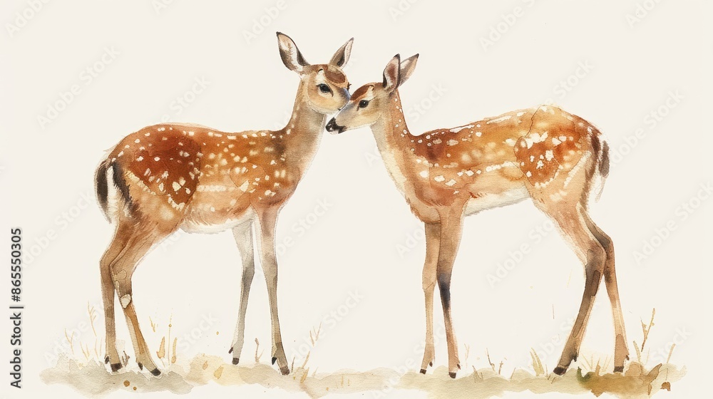 Obraz premium Watercolor painting of two fawns touching noses in a gentle and peaceful scene, showcasing nature's beauty and innocence.