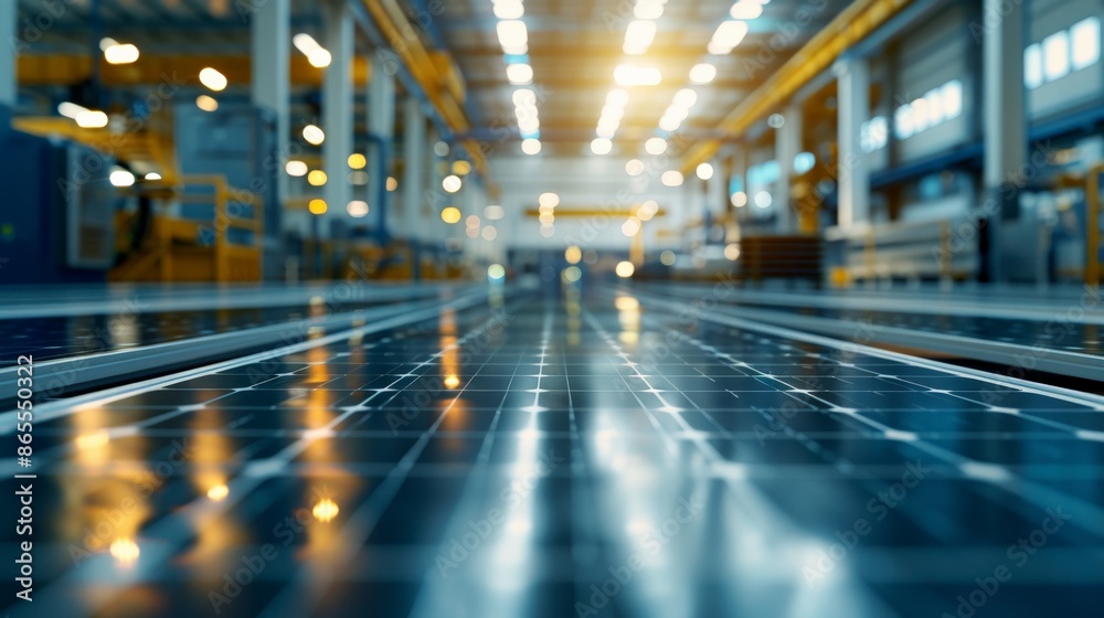 Solar panels line the floor of a factory, reflecting the bright lights above Solar panels line the floor of a factory, reflecting the bright lights above