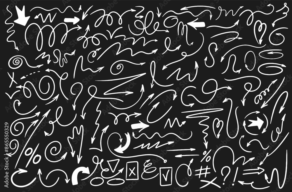 Set of group arrows and frames. Hand drawn white symbols swirls, crosses for hand drawn diagrams. Doodle marker drawing. Vector freehand different curved arrows, circles and check marks.
