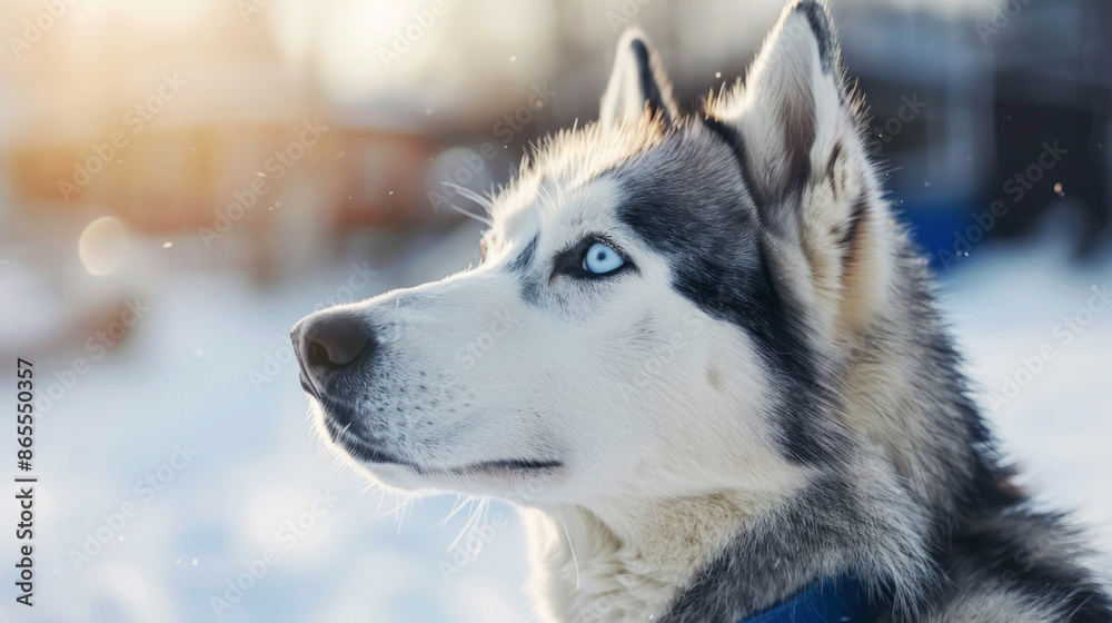 A siberian husky dog with a blue collar is standing in the snow, resting A siberian husky dog with a blue collar is standing in the snow, resting