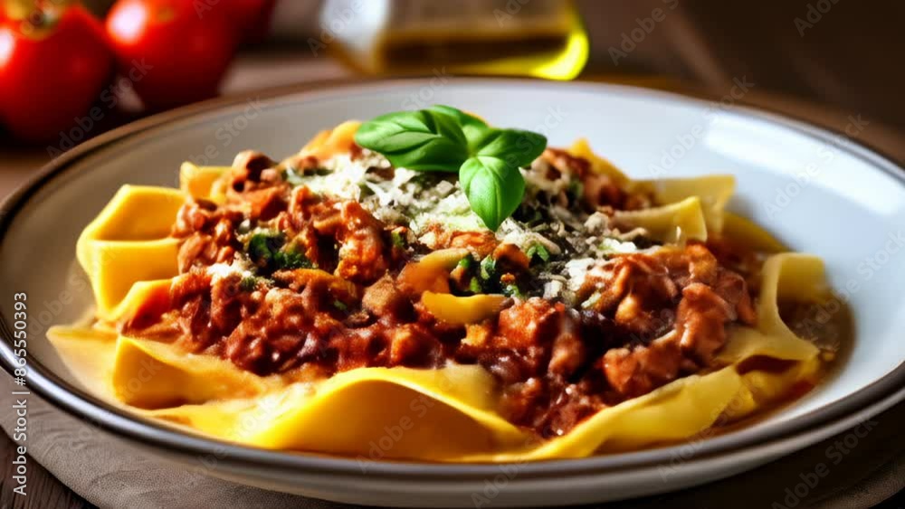 Delicious pasta dish with meat sauce and fresh herbs Delicious pasta dish with meat sauce and fresh herbs