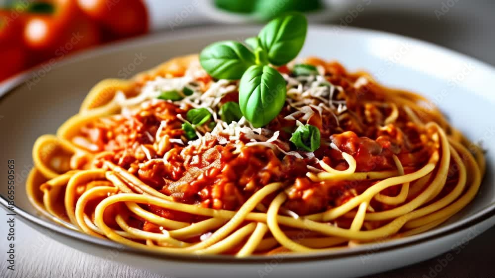 Delicious pasta dish with vibrant red sauce and fresh basil Delicious pasta dish with vibrant red sauce and fresh basil