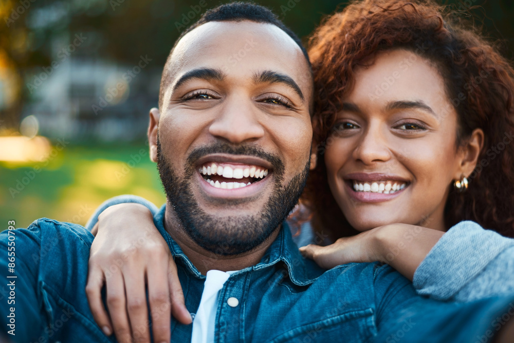 Fototapeta premium Happy couple, hug and selfie in outdoor portrait, social media and relationship update in park. People, garden and romance on weekend trip for marriage, support and photography on travel or embrace