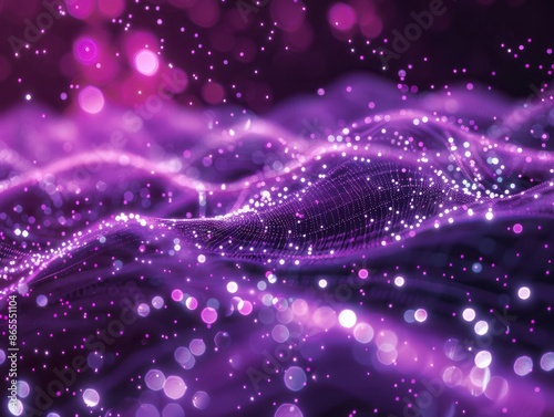 Purple science technology light glowing particles background. AI generated image