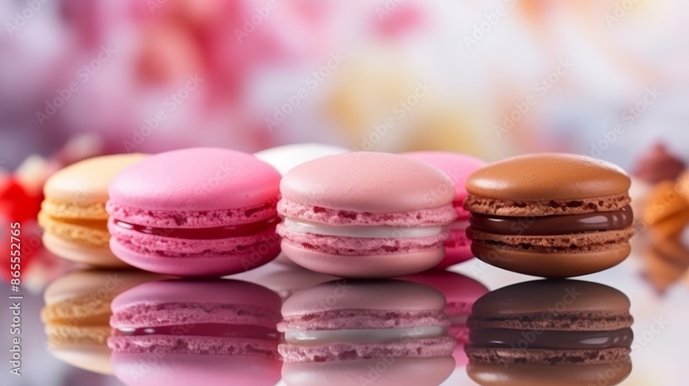 Fototapeta premium Colorful macarons on mirrored table, reflecting sweet dessert ambiance beautifully