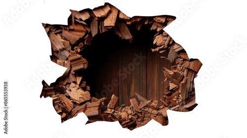 Wooden wall with a hole smashed through it, detailed splintered wood pieces, revealing dark brown wooden planks in the background.