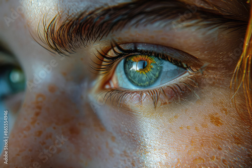 Macro image of a personâ€™s heterochromatic eyes, one olive green and one light gray, highlighting the unique coloration,
