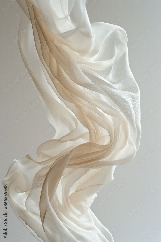 Fototapeta premium Close-up of a sheer, light fabric drifting softly in mid-air on a minimalist white background,