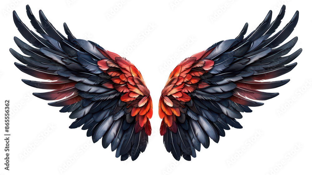 Obraz premium Vibrant and detailed illustration of colorful, mystical wings with a striking blend of red, black, and blue feathers.