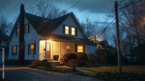 Charming Home Illuminated by Emergency Lights from Gasoline Generator During Nighttime Power Outage © spyrakot