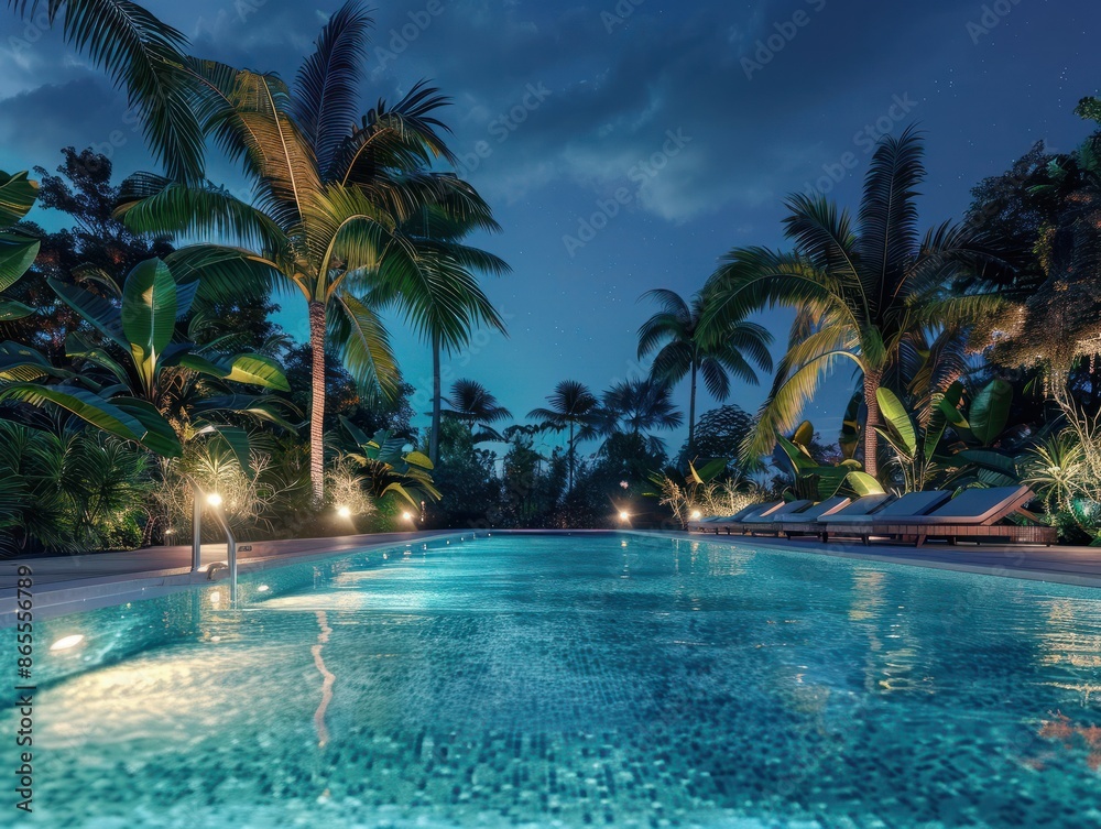 Luxurious tropical resort pool in the night. Generative AI Luxurious tropical resort pool in the night. Generative AI