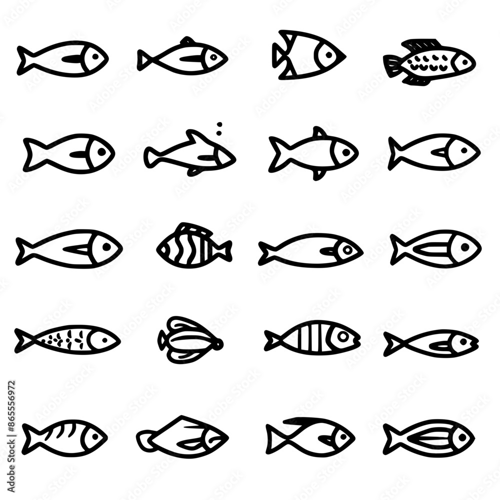 Naklejka premium fish, sea, vector, fishing, silhouette, animal, illustration, icon, cartoon, nature, water, pattern, food, salmon, ocean, design, marine, art, set, seafood, seamless, shark, car, Seashells svg, Seashe