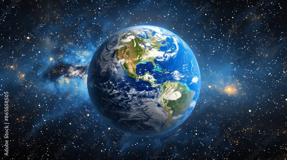 Obraz premium Blue earth globe with continent outlines in 3d against starry black space background