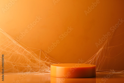 empty podium for product display. Halloween themed orange background. generative ai
