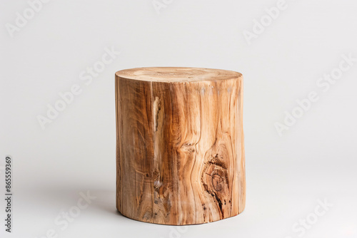 A rustic wooden stump isolated on a white background. The stump is made of natural wood and has a rough, textured surface.