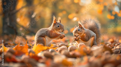 Two squirrels enjoying a feast of nuts amidst a bed of autumn leaves.  The warm colors and playful nature of the scene create a charming image. photo