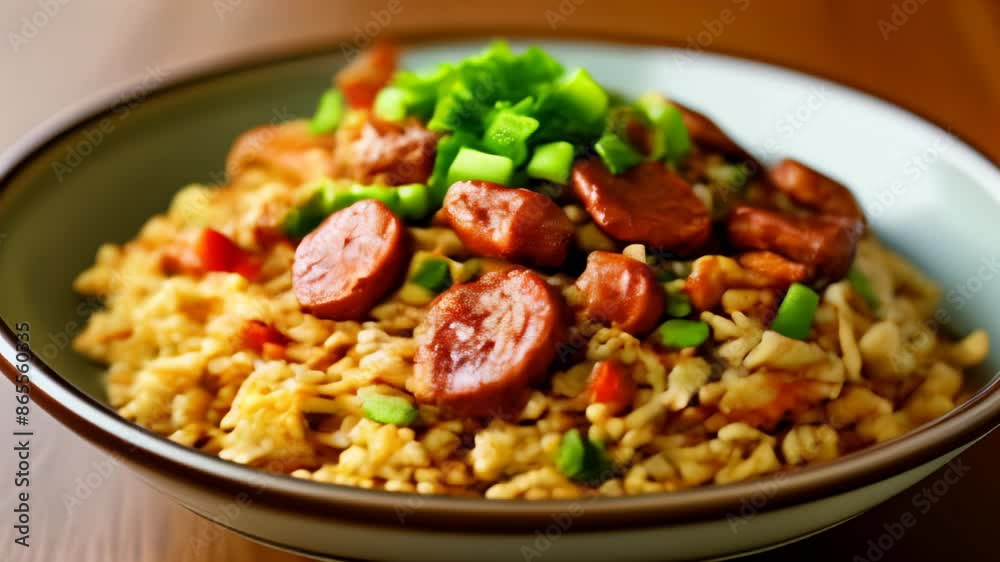 Delicious meal of sausage and rice with a garnish of green onions Delicious meal of sausage and rice with a garnish of green onions