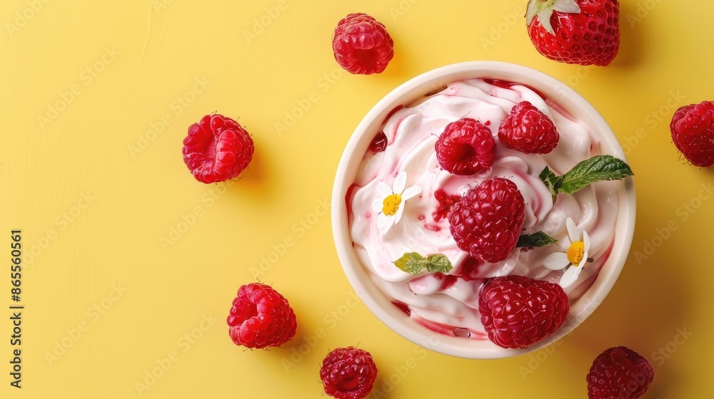 Tasty yogurt made from strawberries and raspberries featured on a bright yellow backdrop Tasty yogurt made from strawberries and raspberries featured on a bright yellow backdrop
