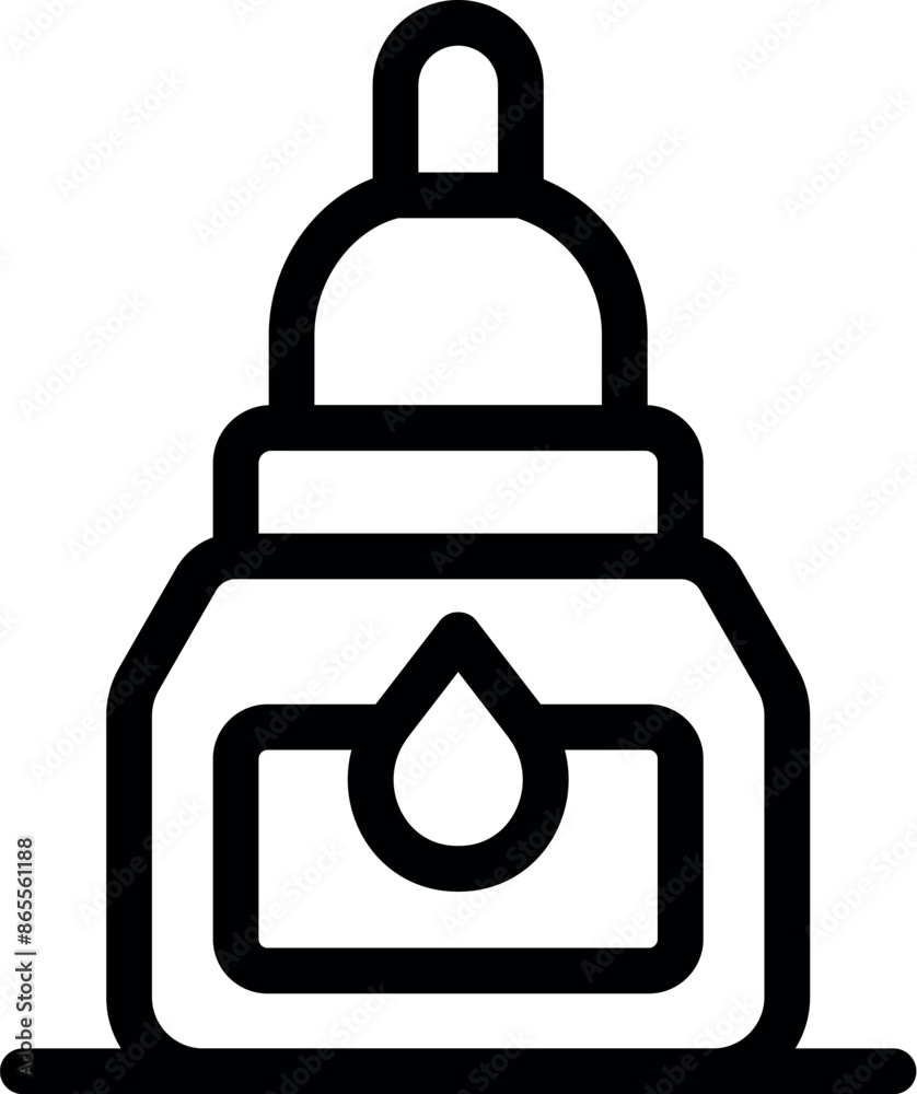 Simple black and white line icon of a bottle of printer ink with a drop inside a square Simple black and white line icon of a bottle of printer ink with a drop inside a square