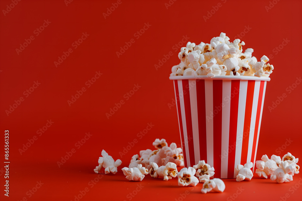 Popcorn box. Red and white striped buckets of popcorn on red background. Cinema and entertainment concept. generative ai Popcorn box. Red and white striped buckets of popcorn on red background. Cinema and entertainment concept. generative ai