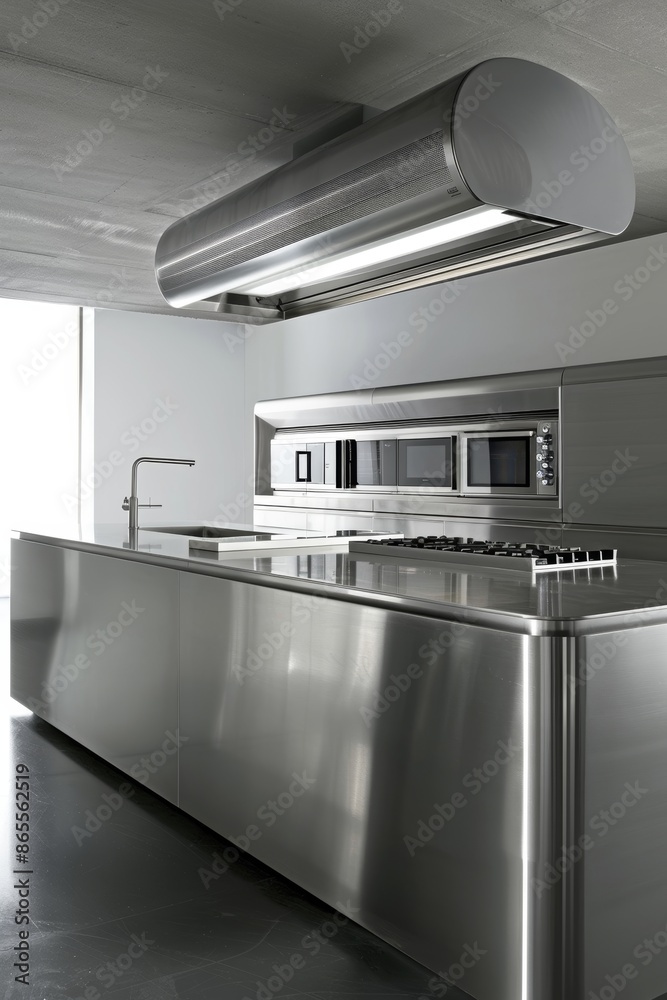 Modern Kitchen with Stainless Steel Appliances and Central Gas Range for Professional Cooking Modern Kitchen with Stainless Steel Appliances and Central Gas Range for Professional Cooking