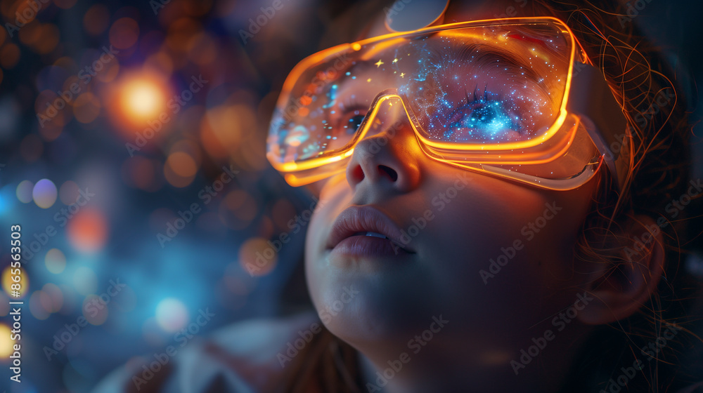 Child Experiencing Virtual Reality With Glowing Headset Child Experiencing Virtual Reality With Glowing Headset