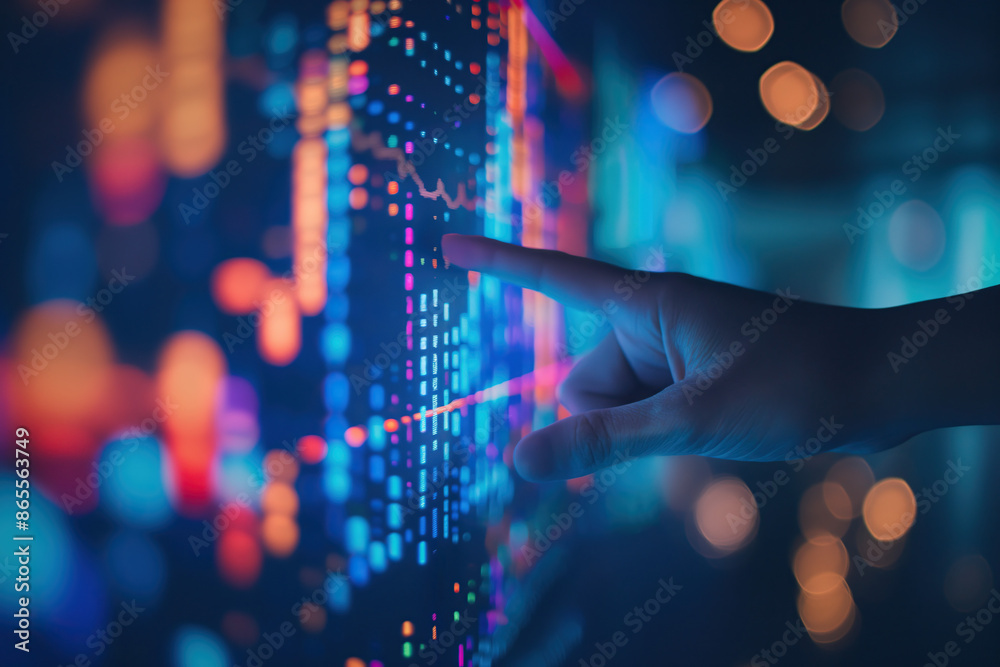 Hand Pointing at Stock Market Graph on Digital Screen Hand Pointing at Stock Market Graph on Digital Screen