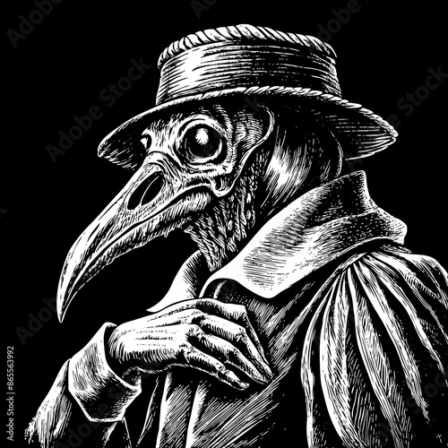 A creepy looking man with a hat and a bird mask on his face