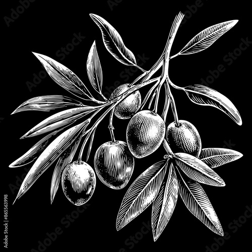 A drawing of a tree with leaves and fruit. Engraving illustration