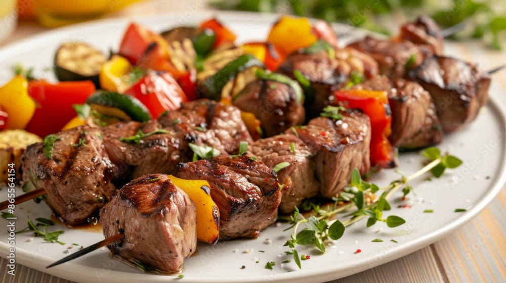 Plate of lamb kebabs served with grilled vegetables and a flavorful sauce Plate of lamb kebabs served with grilled vegetables and a flavorful sauce