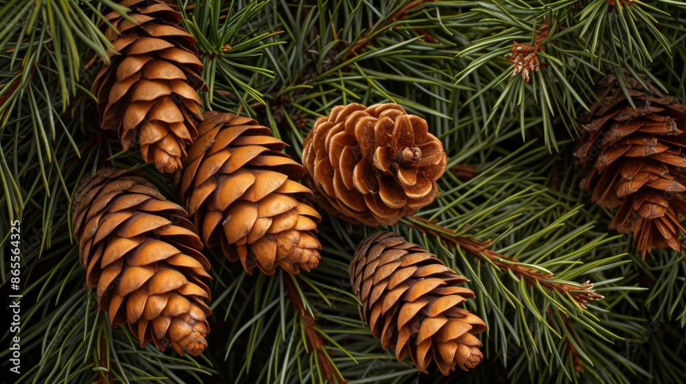 Pine tree branch with several pine cones and clusters of pine needles Pine tree branch with several pine cones and clusters of pine needles