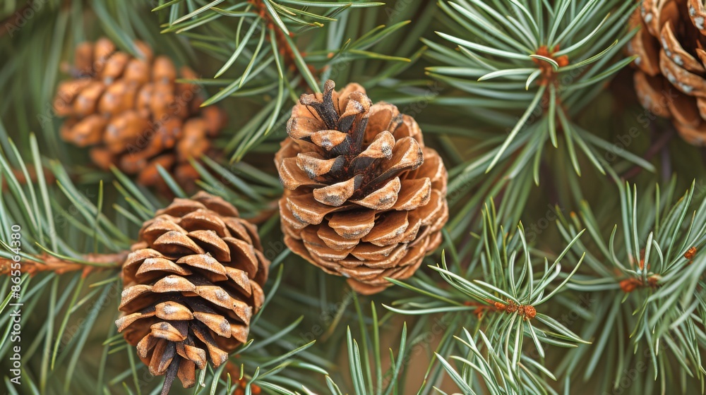 Pine tree branch with several pine cones and clusters of pine needles Pine tree branch with several pine cones and clusters of pine needles