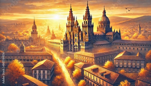 A view of Santiago de Compostela in Autumn, featuring majestic cathedral and old town with golden sunlight.jpeg