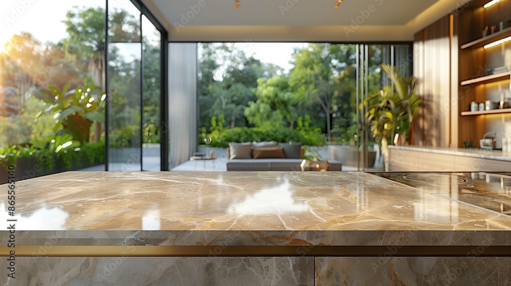 Fototapeta premium Marble Kitchen Countertop With View of Lush Greenery